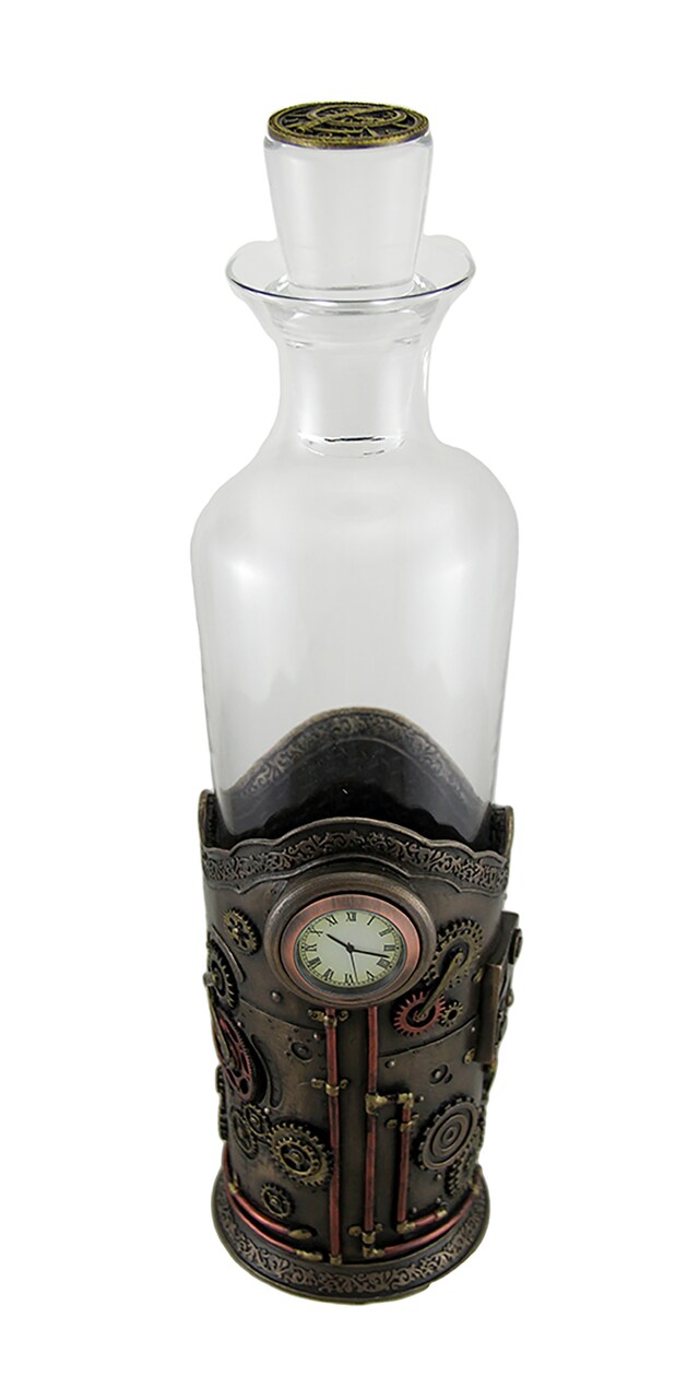 Time for Spirits Glass Spirit Decanter in Steampunk Basket with Clock